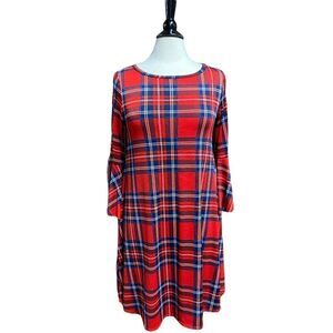 Red Plaid Bell Sleeve Crewneck Dress